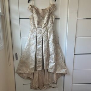 Eliza J Gold Tiered Gown with Spaghetti Straps